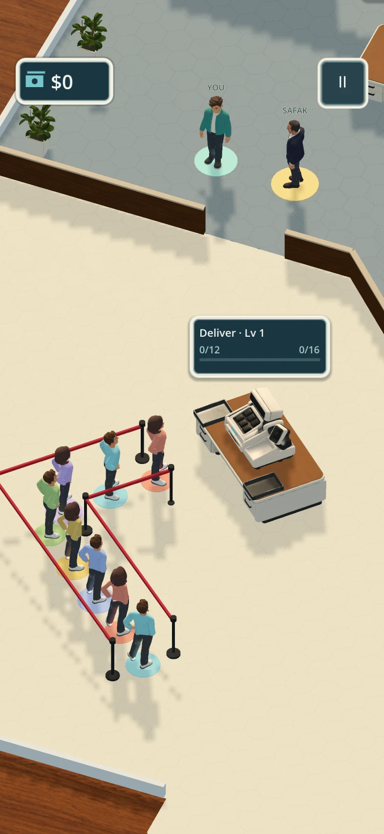 Eight customers wait at the Deliver station in the hexagonal office
