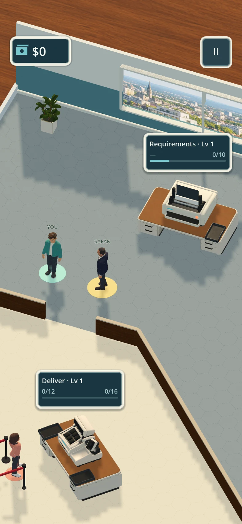 The player near the Requirements printer, with Safak standing farther to the right